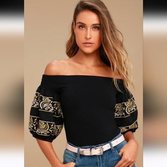 Free People Rock With It Black Embroidered Off-the-Shoulder Top Women's Medium - Picture 1 of 9